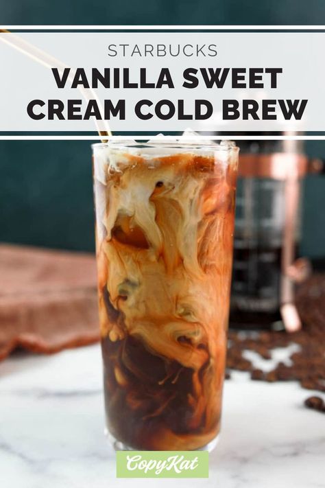 front view of a tall glass filled with the copycat version of Starbucks Sweet Cream Cold Brew Starbucks Vanilla Sweet Cream, Starbucks Partner, Starbucks Sweet Cream, Vanilla Sweet Cream Cold Brew, Mcdonalds Sweet Tea, Sweet Cream Cold Brew, Copycat Drink Recipes, Vanilla Sweet Cream, Cream Cold Brew