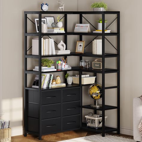 PRICES MAY VARY. 【7-Tier Deformable Bookshelf】-This deformable design, allowing you to customize it to fit your unique needs. You can use it as a wide bookshelf to create a stunning focal point in your room or transform it into a corner bookshelf to maximize small corner spaces that often go unused. With its practicality and sleek design, it's not just a storage solution - it's a statement piece that will elevate the look of your space. 【A Solid Corner Bookcase】-The industrial corner bookshelf i Black Book Shelf, Home Office Bookshelves, Wide Bookshelf, Office Rustic, Corner Bookshelf, Office Bookshelves, Open Books, Storage Bookcase, Standing Shelf