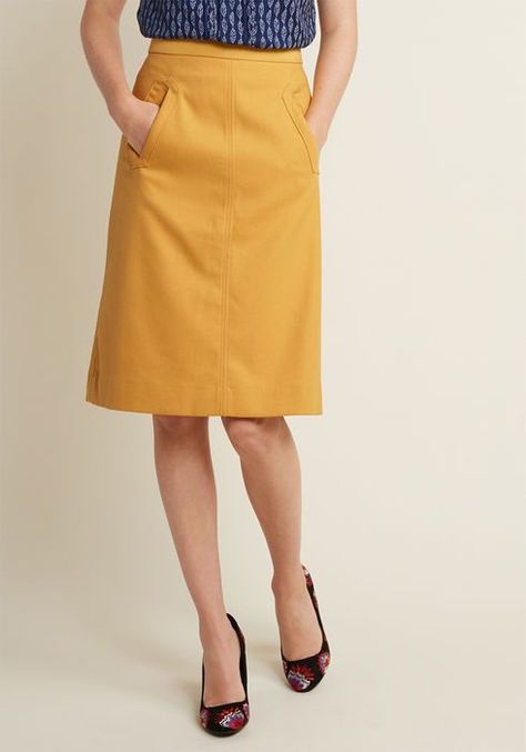 Aptitude for Anthropology A-Line Skirt in Mustard Boho Bottoms, Mod Cloth, Pink Martini, Clothing Staples, Inverted Triangle, Fall Capsule Wardrobe, Vintage Inspiration, Pin Up Style, Bold Color