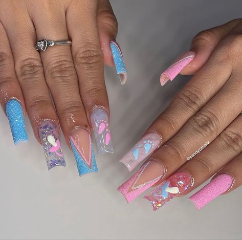 Baby Blue And Purple Nails, Gender Reveal Ideas Nails, Gender Reveal Acrylic Nails, Gender Reveal Nails Short, Gender Reveal Nails Ideas Acrylic, Gender Reveal Nails Ideas, Reveal Nails, Brides Hairstyles, Shower Nails