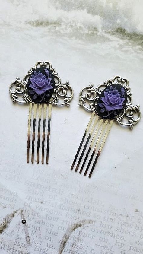 2 Purple Flower Haircomb This Purple Flower Pair Haircomb makes a lovely hair accessory for beautiful hair styles. This hair Comb is Silver and Charming Cameo with elegant and amazing Purple Flowers on a black Baroque Framework. It is great for special occasions like weddings, but can also be great for everyday wear. *YOU WILL RECEIVE 2 COMBS*  ☻Link to The ENTIRE SHOP: https://www.etsy.com/shop/FashionCrashJewelry?ref=shopsection_shophome_leftnav&ga_search_query=crystal%2Bnecklace Our Motto ~ H Purple Hair Accessories, Purple Hair Jewelry, Dark Purple Accessories, Dark Purple Hair Accessories, Purple Flower-shaped Jewelry For Weddings, Purple Flower Nature-inspired Jewelry, Purple Flower Hair Piece, Dark Purple Hair, Purple Accessories