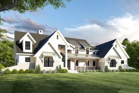 5-Bed Modern Farmhouse Plan with Unique Angled Garage (Floor Plan) - BostonBikes House Plans For Wide Shallow Lots, Luxury Modern Farmhouse Plans, Big Farmhouse Plans, House Plan With Guest House, House Plans Under 3000 Sq Ft, Farmhouse Mansion Floor Plans, 7 Bedroom House Plans Farmhouse, 5 Bedroom Ranch House Plans, 5 Bedroom Farmhouse Plans