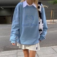 Y2k Items, Oversized Sweatshirt Outfit, Harajuku 90s, No Bad Days, Sweatshirt Outfit, Letter Embroidery, Next Clothes, Women Long Sleeve Tops, Blue Sweatshirt