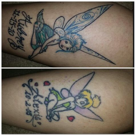 My daughters tattoos. Tinker Bell and Periwinkle. ♡ Tinkerbell Tattoo Color, Tinkerbell And Periwinkle Tattoo, Periwinkle Tattoo, Tinkerbell Moon Tattoo, Tinkerbell Wrist Tattoo, Tinker Bell And Periwinkle, Periwinkle Fairy, Periwinkle Flower, Twin Tattoos