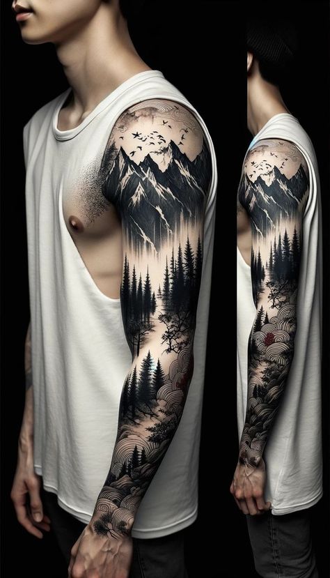 Full Sleeve Forest Tattoos For Guys, Wood Tattoo Sleeve, Shoulder Mountain Tattoo, Forest Sleeve Tattoo For Men, Tattoo Forest Arm, Forest Leg Tattoo, Forest Tattoo Sleeve Design, Nature Sleeve Tattoo For Men, Forest Arm Tattoo