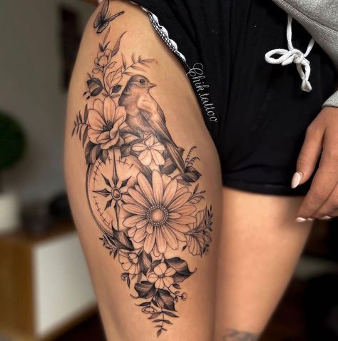 Tattoo Pierna Mujer, Side Thigh Tattoos Women, Tattoo Bein Frau, Front Thigh Tattoos, Feminine Thigh Tattoos, Thigh Piece Tattoos, Upper Leg Tattoos, Upper Thigh Tattoos, Side Thigh Tattoos