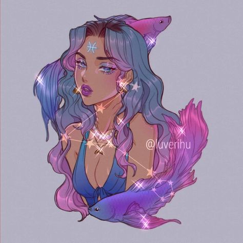 Pisces Drawing Zodiac, Pisces Woman Art, Pisces Fanart, Pisces Drawing, Pieces Zodiac, Childhood Aesthetic, Zodiac Pisces, Zodiac Characters, Star Constellation