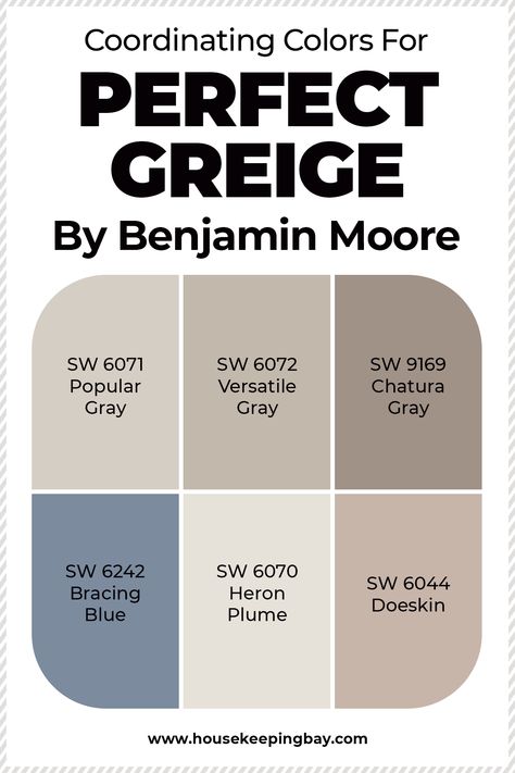 Coordinating Colors For Perfect Greige Perfect Greige Color Palette, Grey And Cream Paint Scheme, Perfect Greige Coordinating Colors, Perfect Greige Sherwin Williams Coordinating Colors, Greige Color Combinations, Greige And Blue Living Room, Perfect Greige Color Scheme, Sw Greige Paint Colors, Sw Perfect Greige