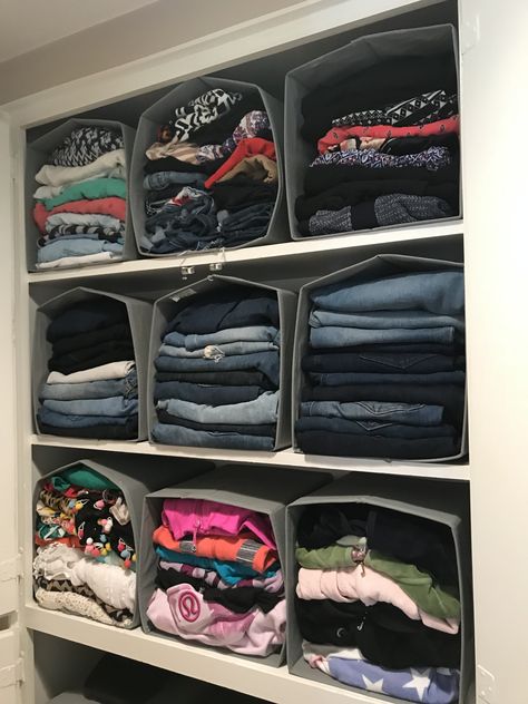 Half Closet Organization, Blue Jean Organization Ideas, Lazy Closet Organization, Storage Containers Organizing Closet, Organize Jeans On Shelf, Closet Organization Ideas Pants, Jeans In Closet Organize, Hoodies Organization Closet, Jeans Storage In Closet