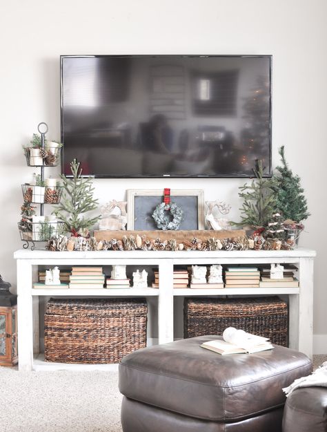 Take a tour of this beautiful, neutral Christmas Living Room. (and how to Christmas decorate around a TV) Christmas Living Room, Neutral Christmas, Primitive Homes, Christmas Living Rooms, Christmas Bedroom, Christmas Style, Living Room Cabinets, Christmas Night, Room Tour