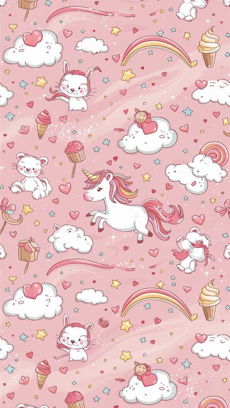 Immerse yourself in an adorable and charming wallpaper featuring a predominantly pink theme that creates a sweet and playful atmosphere. Soft pastel pink backgrounds set the stage for whimsical unicorns, floating fluffy clouds, and a sprinkle of tiny hearts. Twinkling stars and cheerful rainbows grace the sky, while cute, rosy-cheeked animals like bunnies, kittens, and teddy bears frolic with big, sparkling eyes. The scene is further enhanced with delightful elements such as ice cream cones, cupcakes, and bow-tied lollipops, striking a harmonious balance between various shades of pink, white, and pastel accents to keep everything light and joyful. Ice Cream Cones Cupcakes, Wallpaper Fofo, Pink Wonderland, Pink Backgrounds, 1 Wallpaper, Unicorn Wallpaper, Sparkling Eyes, Twinkling Stars, Fluffy Clouds