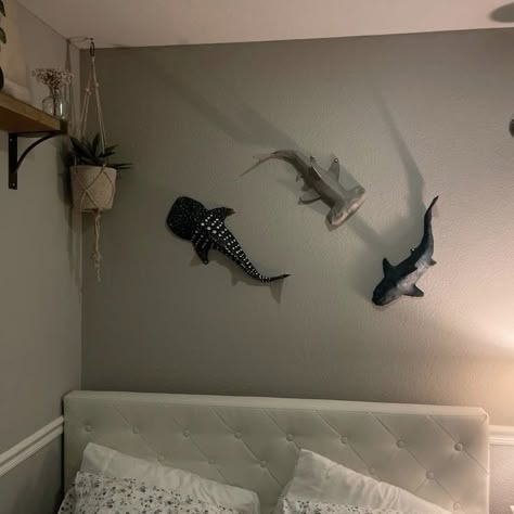 Sea Life Room Ideas, Wall Whale Shark Cardboard, Beach Room Decor Ideas Diy, Paper Mache Shark Wall, Shark Diy Decor, Surfing Room Ideas Bedrooms, Shark Themed Room Aesthetic, Ocean Dorm Room Ideas, Marine Themed Bedroom