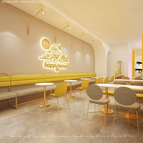 Yellow Restaurant Interior Design, Yellow Cafe Interior, Cake Shop Interior Design, Yellow Coffee Shop, Cake Shop Interior, Yellow Restaurant, Tea Store Design, Modern Restaurant Design, Bubble Tea Shop