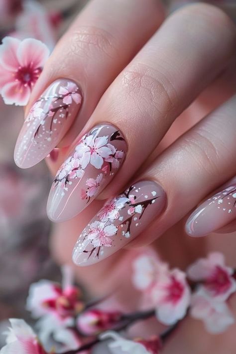 Want to see 25 beautiful cherry blossom nail designs? Are you looking for the perfect spring manicure, with a stunning Sakura blossom nail art design? Blossom Nail Designs, Cherry Blossom Nails Design, Cherry Blossom Nails Art, Cherry Blossom Nails, Romantic Nails, Floral Nail Designs, Creative Nail Designs, Christmas Nail Art Designs, Coffin Shape Nails