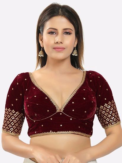 V Neck Readymade Velvet Blouse Velvet Blouse Designs Indian, Velvet Blouse Designs, Velvet Blouse Pattern, Velvet Blouse Design, Dori Work, Vs Image, Blouse Back Neck Designs, Velvet Blouse, Sari Blouse Designs