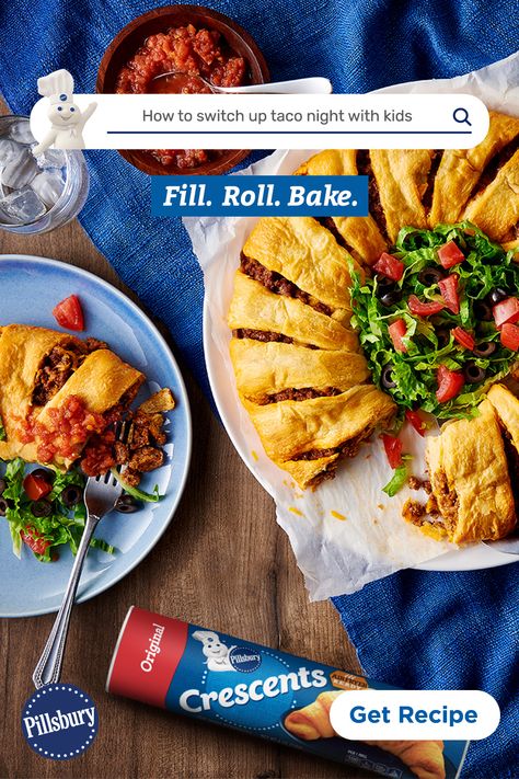 This delicious Taco Crescent Ring can please even the pickiest eaters. With help from Pillsbury Crescent Rolls and Old El Paso Taco Seasoning, it's as easy as Fill. Roll. Bake. Biscuit Cheeseburger, Taquito Casserole, April Dinners, Taco Crescent Ring, Crescent Casserole, Biscuit Pie, Pizza Crescent, Crescent Pockets, Crescent Cups