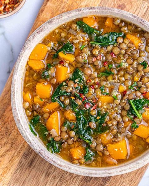 Butternut Squash + Green Lentil Soup | Clean Food Crush Lentil Soup With Butternut Squash, Clean Food Crush Butternut Squash Soup, Lentil And Butternut Squash Soup, Acorn Squash Lentil Soup, Fall Lentil Soup, Lentil Squash Soup, Lentil Butternut Squash Soup, Butternut Squash Lentil Soup, Squash Lentil Soup