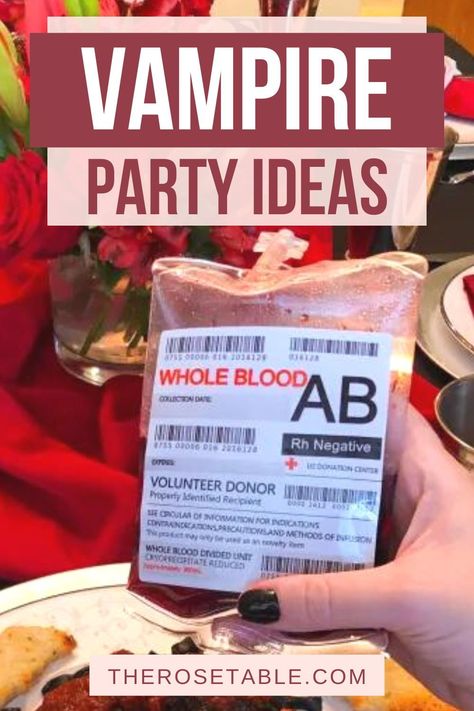 Thinking about using blood bags for your vampire party? You’ve come to the right place! I bought these food-grade blood bags on Amazon last winter for a vampire-themed dinner with my friend Irene and featured them again this Halloween in my Vampire Dinner episode of The Rose Table. Blood bags add such a fun party element to any vampire-themed party. I absolutely love using them. Vampire Theme Food, Vampire Ball Party, Vampire Food Ideas, Tvd Birthday Party Ideas, Vampire Party Food, Vampire Themed Food, Vampire Party Ideas, Vampire Dinner Party, Dracula Party