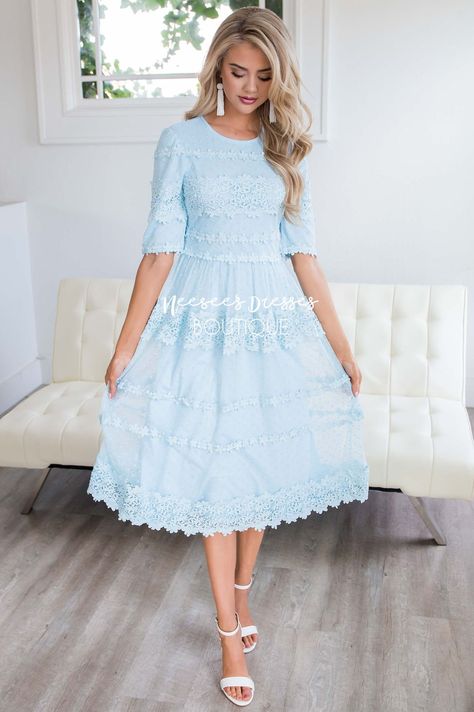 Baby Blue Floral Lace Modest Church Dress | Modest Bridesmaids Dresses - Neesee's Dresses Cute Modest Dresses, Neesees Dresses, Modest Summer Dresses, Scalloped Neckline, Modest Bridesmaid Dresses, Dresses Modest, Church Dresses, Burgundy Dress, Look Vintage