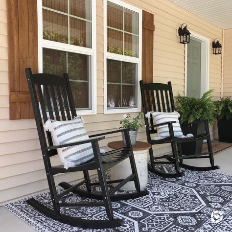 Modern farmhouse front porch. Black rocking chair. Cedar shutters. DIY planters. Front Porch Patio Ideas, Porch Patio Ideas, Landscaping Front Porch, Front Porch Seating Ideas, Front Porch Landscaping, Decoration Front Porch, Front Porch Chairs, Front Porch Rocking Chairs, Porch Seating