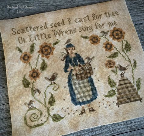 Scattered Seed Samplers Seeds Of Kindness, Primitive Sunflowers, Cross Stitch Sampler Patterns, Christian Cross Stitch, Nature Cross Stitch, Cross Stitch Samplers, Chart Design, Stitching Art, Vintage Country