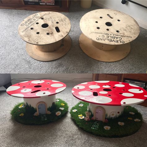 Cable Reel Ideas For Kids, Reading Garden, Cable Reel, Diy Playground, Pencil Organizer, Fairy Garden Designs, Luau Birthday, Fairy Garden Houses, Ideas Minecraft