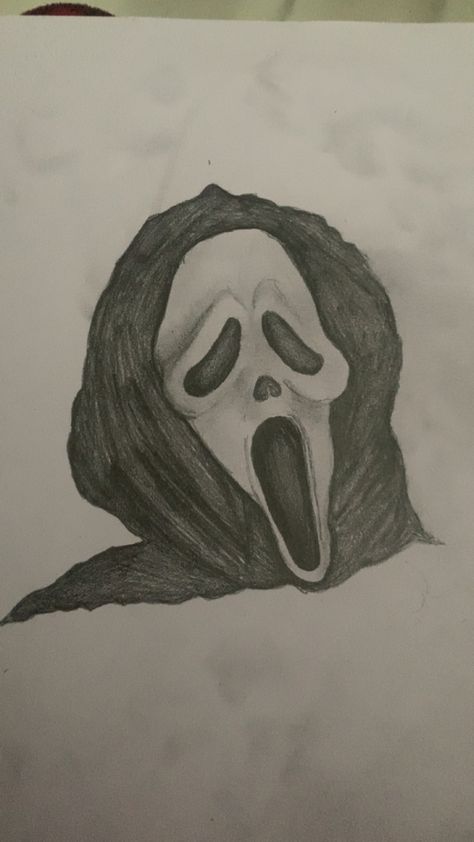 Ghostface Simple Drawing, Ghost Face Drawing Scream, Scream Drawing Easy, Scary Drawing Ideas Easy, Ghost Face Drawing, Ghostface Drawing, Scream Drawing, Screaming Drawing, Drawing Gifts