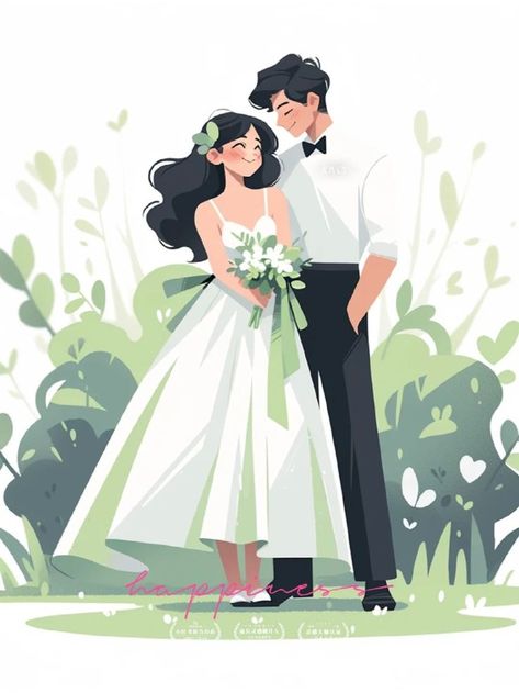 Wedding Card Cartoon Couple, Wedding Card Couple Illustration, Wedding Portraits Illustration, Wedding Drawing Reference, Wedding Cartoon Illustration, Wedding Drawing Couple, Wedding Cartoon Couple, Wedding Couple Drawing, Wedding Illustration Couple