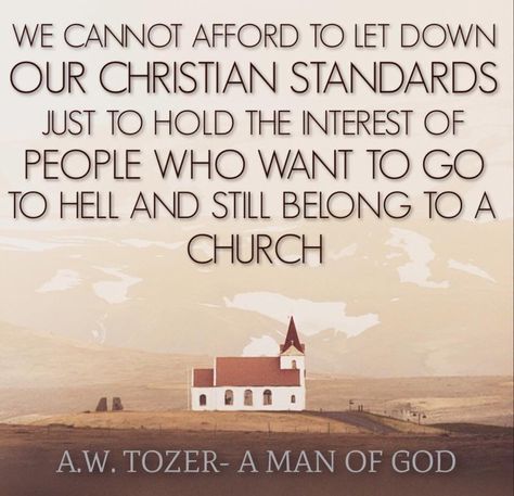 We cannot afford to let down OUR CHRISTIAN STANDARDS just to hold the interest of people who want to go to hell and still belong to a church.  A.W. Tozer – A Man of God Aw Tozer Quotes, Standards Quotes, 5 Solas, Reformed Theology, Soli Deo Gloria, Godly Man, Biblical Quotes, The Perfect Guy, Scripture Quotes