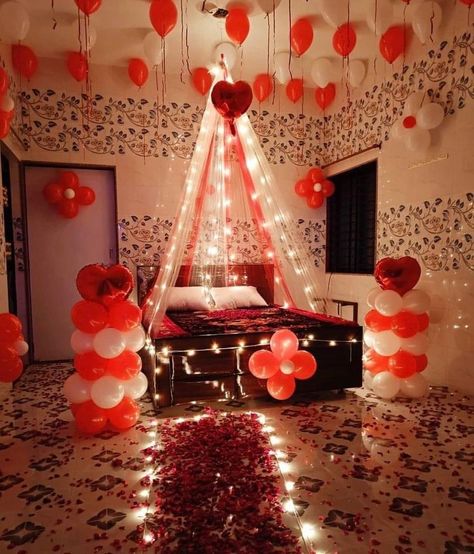 Husband Birthday Decorations, Wedding Night Room Decorations, Romantic Room Surprise, Night Room, Romantic Room Decoration, Birthday Decorations At Home, Wedding Room Decorations, Birthday Room Decorations, Romantic Bed