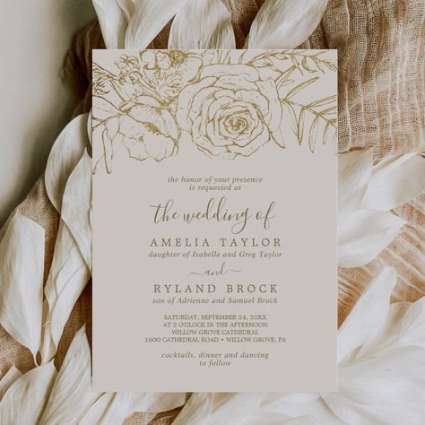 Gilded Floral | Cream Gold Parent's Names Wedding Invitation | Zazzle Cream Invitations Wedding, Ivory And Gold Wedding Invitations, Classic Wedding Card Design, Champagne Wedding Invitations Elegant, Wedding Invitations Gold And White, White Gold Wedding Invitations, Gold And White Wedding Invitations, Gold White Invitation, White And Gold Wedding Invitations