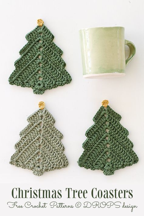 12 Christmas Coaster Free Crochet Patterns - DIY Magazine Winter Crochet Coasters Free Pattern, Crochet Christmas Tree Coaster, Christmas Tree Coasters Crochet, Christmas Crochet Coaster, Crochet Tree Ornaments, Crochet Christmas Coasters, Crochet Christmas Tree Ornaments, Crochet Christmas Trees Free, Christmas Tree Coasters