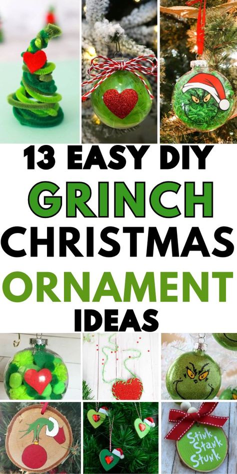 Bring the Grinch to life with these fun and easy DIY ornament ideas! Perfect for adding a playful touch to your tree, these Grinch-inspired crafts are sure to spread holiday cheer. Get creative and add a little mischief to your Christmas decor! 🌟 #DIYChristmasOrnaments #GrinchDecor #HolidayCrafts Grinch Face Ornament, Frog Ornaments Diy, Grinch Homemade Ornaments, Easy Grinch Ornaments For Kids, Golf Ornaments Diy, Diy Christmas Tree Decorations Homemade Ornaments Simple, Cute Homemade Christmas Ornaments, Grinch Ornament Craft, Ornament Decorating Contest