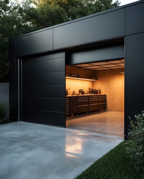 Matte Black Garage 🖤🖤🖤 Motorcycle Home Garage, Modern Garage Design Interior, Rich Garage, Garage House Ideas, Man Cave Garage Ideas, Modern Garage Design, Aesthetic Garage, Garage Architecture, Mens Garage