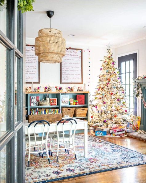 Diy Wall Christmas Tree, Christmas Playroom, Playroom Paint Colors, Sunroom Playroom, Cheap Christmas Decor, Playroom Paint, Playroom Flooring, Colorful Playroom, Wall Christmas Tree