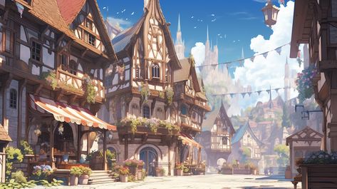 Fantasy City Street Concept Art, Anime Medieval Background, Anime Town Background, Fantasy City Background, Town Concept Art, Kingdom Background, Fantasy Cities, Fantasy Village, Fantasy Town