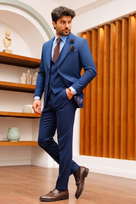 Dive into the world of refined style with our blue slim-fit suit 3-piece, an ensemble that effortlessly fuses elegance and contemporary appeal. The single-breasted jacket features impeccable notch lapels, while the meticulously lined interior guarantees a suave and sophisticated look. #suit #suits #suitup #formalattire #menstyle #menfashion #gentleman #dapperlook #formalwear #fashioninspo #bluesuit Blazer For Men Wedding, Navy Slim Fit Suit, Black Double Breasted Suit, Blazer Waistcoat, Blue Slim Fit Suit, Bow Tie Suit, Modern Fit Suit, Double Breasted Tuxedo, Suit Stores