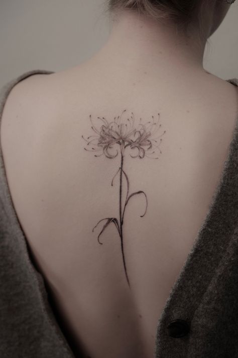 Feminine Calf Tattoos For Women, Spider Lily Neck Tattoo, Spider Lily Flower Tattoo, Spider Lily Tattoo Design Black, Spider Lilies Tattoo, Black Spider Lily Tattoo, Spider Lily Tattoo Stencil, Spider Lily With Spider Tattoo, White Spider Lily Tattoo