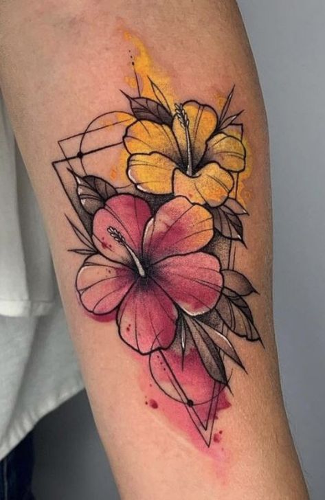 Hibiscus Watercolor Tattoo, Hibiscus Tattoo Color, Hibiscus Flower Tattoo Design, Hibiscus Flower Tattoo, Tropical Flower Tattoos, Hawaii Tattoo, Colorful Flower Tattoo, Kali Tattoo, Hibiscus Flower Tattoos