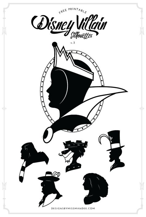 FREE Disney Villain Silhouettes v.3 - Designs By Miss Mandee. Prince John, the Evil Queen, Mother Gothel, Dr. Facilier, Governor Ratcliffe, and Shan Yu are ready to join your collection of vile villains. Download the printable and cut file versions of each of these classic "bad guys," and get ready for some Halloween crafting! #Disney #DisneyVillains #Cricut Dr Facilier Tattoo, Villain Silhouettes, Evil Queen Silhouette, Disney Villains Silhouette, Queen Logo Design, Governor Ratcliffe, Disney Villain Party, Shan Yu, Queen Logo