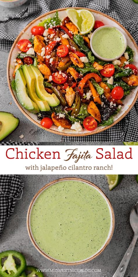 This quick and easy chicken fajita salad is full of Tex-Mex flavors! And a jalapeño cilantro ranch! It's a super filling and healthy dinner option that makes great leftover lunches for work, too! Chicken Fajitas Salad, Chicken Fajita Salad Recipe, Fajita Salad Recipe, Chicken Fajita Salad, Cilantro Ranch, Lunches For Work, Fajita Salad, Best Salad Dressing, Sauteed Peppers And Onions