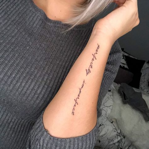 27 Stunning Arm Tattoo Ideas for Women Forearm Wording Tattoo Women, Cute Quote Tattoos For Women On Arm, Words Down Arm Tattoo, Feminine Tattoo Placement Quotes, Tattoo Down Arm Quotes, Forearm Tattoo Women Sayings, Forearm Tattoo Women Text, Lettering Tattoo Placement Women, Women Tattoos Words