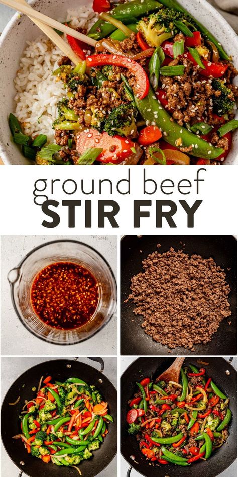 This healthy ground beef stir fry is made with homemade stir fry sauce, lean ground beef, and fresh veggies, all served on a bed of warm rice. It's the perfect weeknight meal the whole family will love. Supper Ideas Healthy Beef, Easy Healthy Recipes With Ground Beef, Clean Meals With Ground Beef, Healthy Dinner And Lunch Recipes, Lunch Stir Fry, Healthy Ground Beef Stir Fry, Ground Beef Stir Fry Sauce, Ground Beef Recipes With Peppers, Ground Turkey Recipes With Bell Peppers