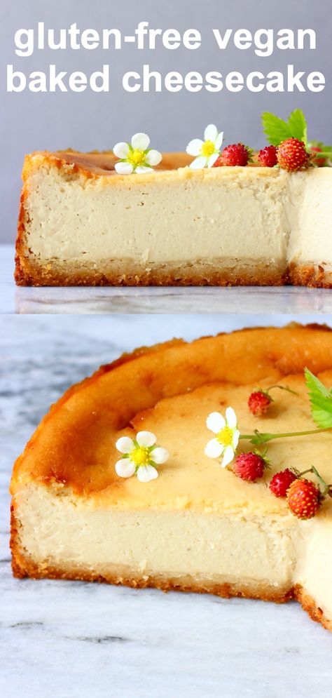 No Dairy Cheesecake, Gf Df Cheesecake, Gluten Free Vegan Cheesecake, Gluten Free Baked Cheesecake, Cheesecake Recipes Vegan, Simple Vegan Dessert Recipes, Gluten Free New York Cheesecake, Vegan Baked Cheesecake, Vegan Gluten Free Cake Recipes