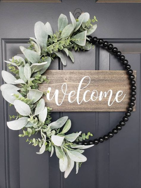 "*This black wood beaded hoop wreath is a perfect way to welcome guest for any season! Hang this piece on your front door or in your home for guests to see!  *This item is hand painted and stained of your color choice! The painted black wood beads are threaded through the metal hoop (not glued on). The floral and wood are securely attached to the metal hoop. This sign can be for indoor or outdoor use. I apply an outdoor sealer on the wood. The back of the wood is finished just like the front ( s Black Wreaths For Front Door, Diy Wreaths For Front Door, Door Wreath Ideas, Wood Bead Wreath, Beaded Wreath, Bead Wreath, Floral Door Wreaths, Custom Front Doors, Easy Diy Wreaths