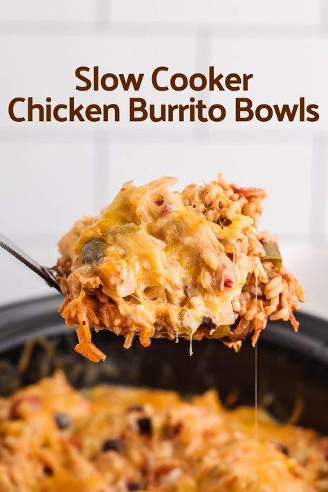 Slow Cooker Chicken Burrito Bowls - ten minutes of prep work rewards you later with a delicious and hearty dinner. Just dish yourself a bowl and garnish to your liking. via @cmpollak1 Slow Cooker Burrito, Chicken Burrito Bowls, Chicken Crockpot Recipes Healthy, Burrito Bowls Recipe, The Magical Slow Cooker, Chicken Burrito, Chicken Burrito Bowl, Slow Cooker Desserts, Burrito Bowls