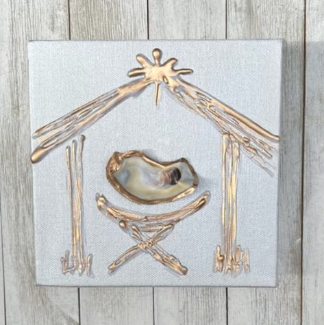 This unique nativity scene has a raised image painted with silver & brushed/distressed gold and white. The prominent feature is an oyster or scallop shell in the manger. Choose your color background (pictured or customize with your own color) and pick your favorite shell - small scallop or oyster shell. Choose your background color (shown or customize with your color of choice). Then choose your preferred shell - oyster shell or scallop. Diy Oyster Painting Canvas, Oyster Art Paintings, Nativity Oyster Shell, Oyster Shell Manger Scene, Oyster Shell Crosses, Oyster Nativity Scene, Oyster Shell Artwork, Oyster Shell Angels, Oyster Shell Nativity Scene