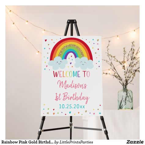 Clouds With Rainbow, Rainbow Themed Birthday Party, Rainbow And Clouds, Pink Gold Birthday, First Birthday Favors, Birthday Posters, First Birthday Games, Rainbow Confetti, Welcome Board