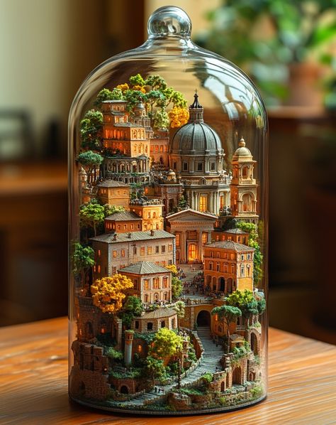 A City in a Glass Bottle Glass Jar Fairy House, Bottle Diorama, Jar Diorama, Procreate Kawaii, Miniature Nature, Glass City, Diorama Art, Bottle Terrarium, Miniature Terrarium