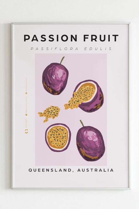 Passion Fruit Wall Art | Passion Fruit Print | Fruit Market Prints | Wall Art | Fruit Print | Botanical Print | Kitchen Poster Passion Fruit Market art print or poster. Perfect hand painted wall decor for kitchen, living room, dining room, office, etc. Vintage Food Posters, Jungle Painting, Food Prints, Posters Australia, Australia Art, Arte Aesthetic, Fruit Art Print, Art Passion, Market Art